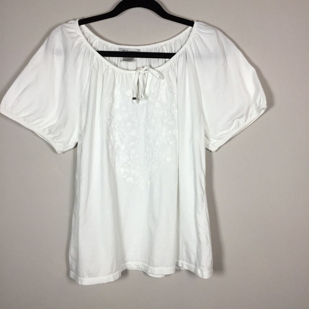 White embroidered keyhole tie short sleeve top milkmaid peasant Sz S oversized